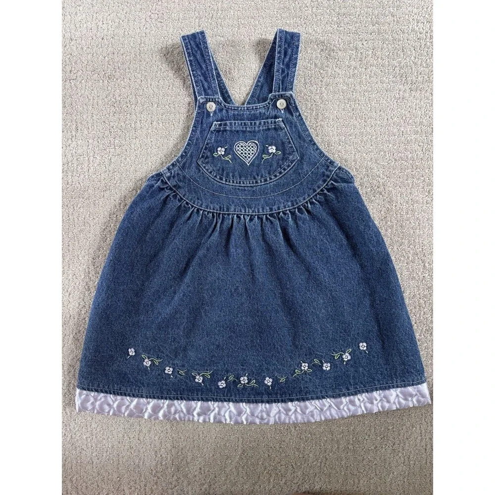 VTG Faded Glory Y2K 90s Toddler Girl Overall Dress Denim Flower Embroidery 4T